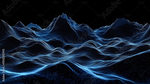 Image of horizontal lines of blue particles and undulating 3d landscape on black background. Communication technology, abstract digital interface background concept digitally generated image.