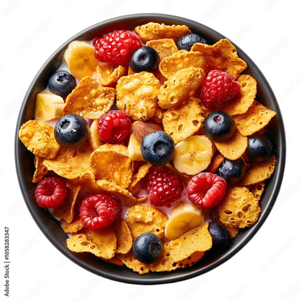 A bowl of crunchy cereal with fresh berries and milk, isolated on white background A bowl of crunchy cereal with fresh berries and milk, isolated on white background