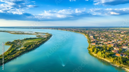 Danube river merge point with Black sea. Aerial view over this iconic landscape from Danube Delta in . 