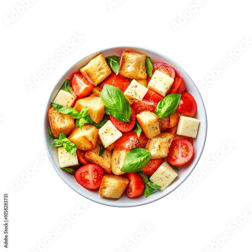 Close-up of a Fresh and Delicious Panzanella Salad with Tomatoes, Basil, and Croutons