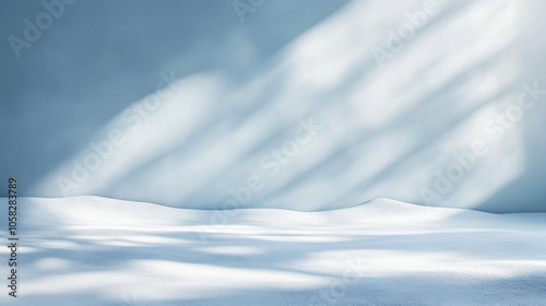 Panoramic abstract blue background for product presentation with sunlight and blurred shadows wall. Winter background.
