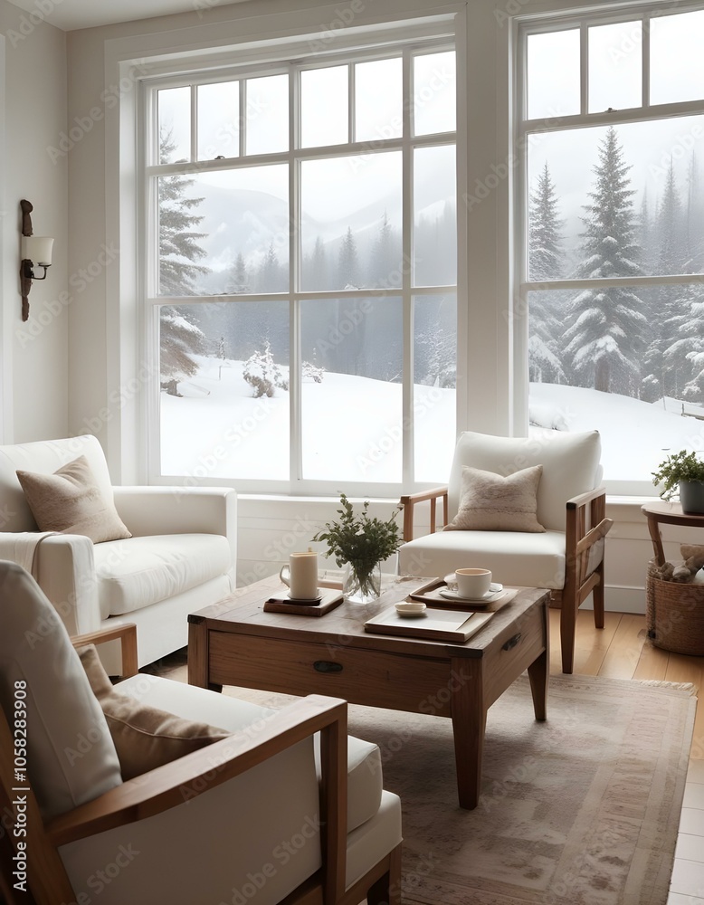 Obraz premium A cozy living room with white armchairs, a wooden coffee table, and a large window overlooking a snowy outdoor scene.