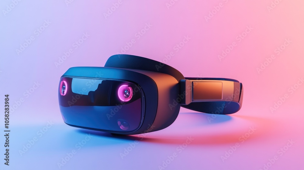 A modern virtual reality headset against a colorful background. A modern virtual reality headset against a colorful background.