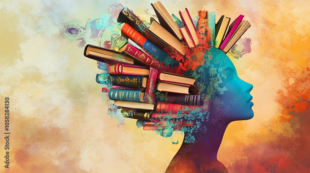 A creative and visually striking stock photo featuring a double exposure effect of a colorful abstract head overlayed with an array of floating books A creative and visually striking stock photo featuring a double exposure effect of a colorful abstract head overlayed with an array of floating books
