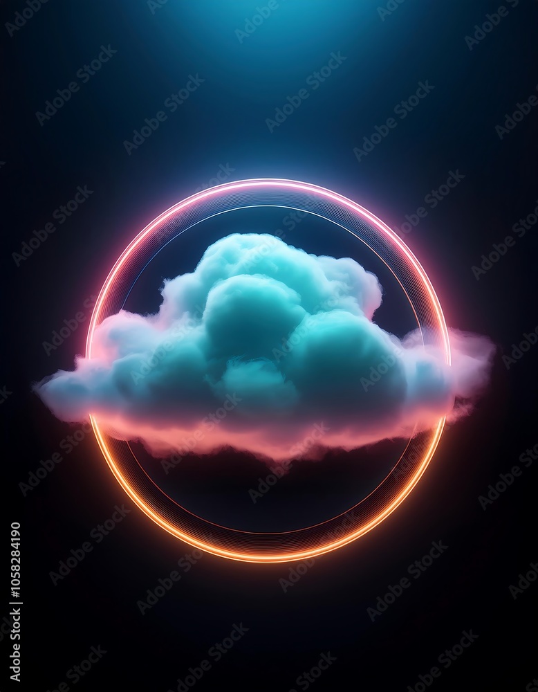Obraz premium A vibrant neon circle encircles a single cloud with glowing hues in a dark setting during nighttime. Generative AI