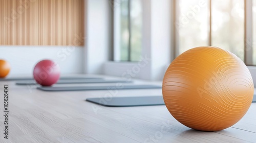 White and wooden yoga studio interior featuring mats and fitballs.. photo