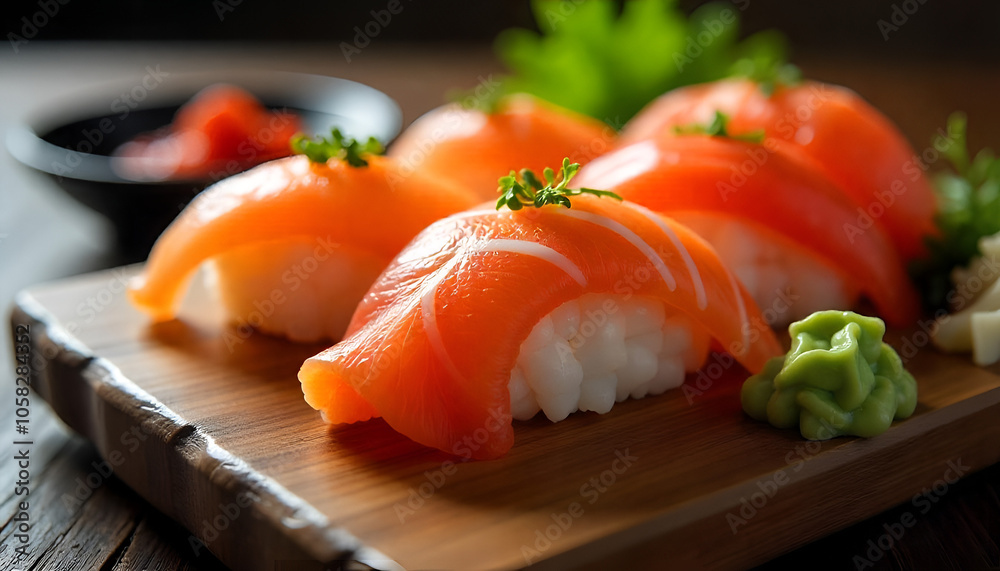 Close-up of assorted sushi rolls with fresh ingredients like salmon, tuna, and avocado, arranged beautifully on a black slate Close-up of assorted sushi rolls with fresh ingredients like salmon, tuna, and avocado, arranged beautifully on a black slate