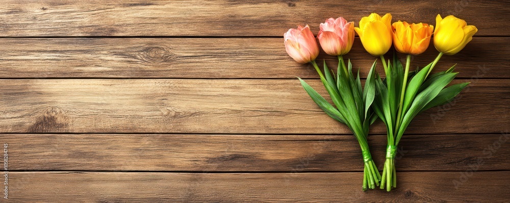A bouquet of colorful tulips arranged on a wooden surface. A bouquet of colorful tulips arranged on a wooden surface.