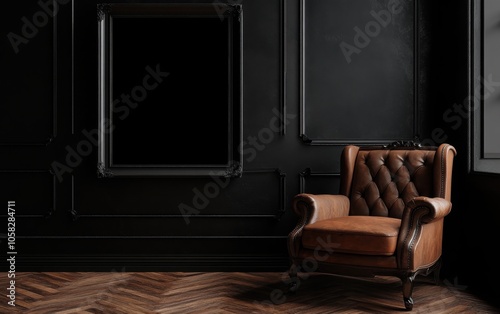 An artistic composition showcasing a black, empty picture frame mounted on a wall, with a vintage Victorian leather armchair placed in front.