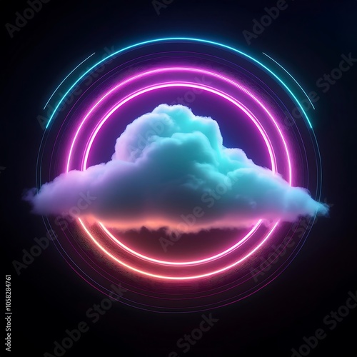 A neon circle surrounds a single cloud, creating a luminous effect in a dark atmosphere at night. Generative AI
