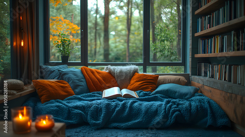 A Cozy Living Room with Someone Reading on a Couch, Wrapped in a Soft Blanket, Creating a Warm and Inviting Atmosphere 