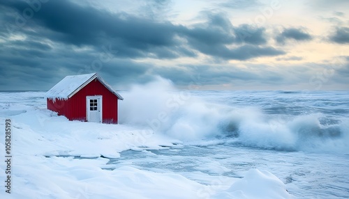 A Red Cabin Stands Solitary on a Snowy Coastline with Rough Seas