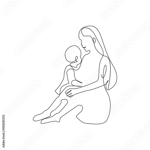 Vector happy mother day card in one continuous line drawing isolated on white background. Mother's Day pro vector illustration 