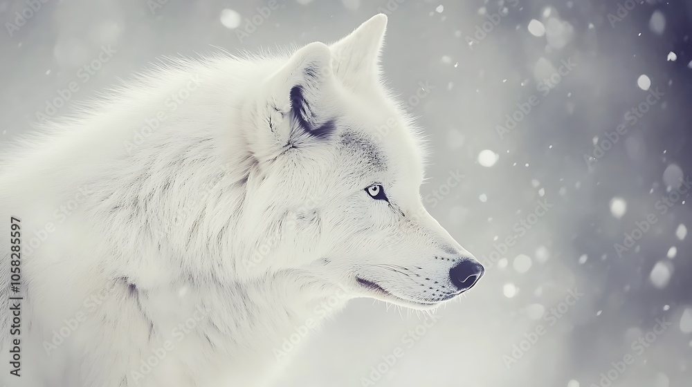 Fototapeta premium A stunning stock photo of a majestic white wolf prowling through a snowcovered forest, its fur blending seamlessly with the winter landscape.