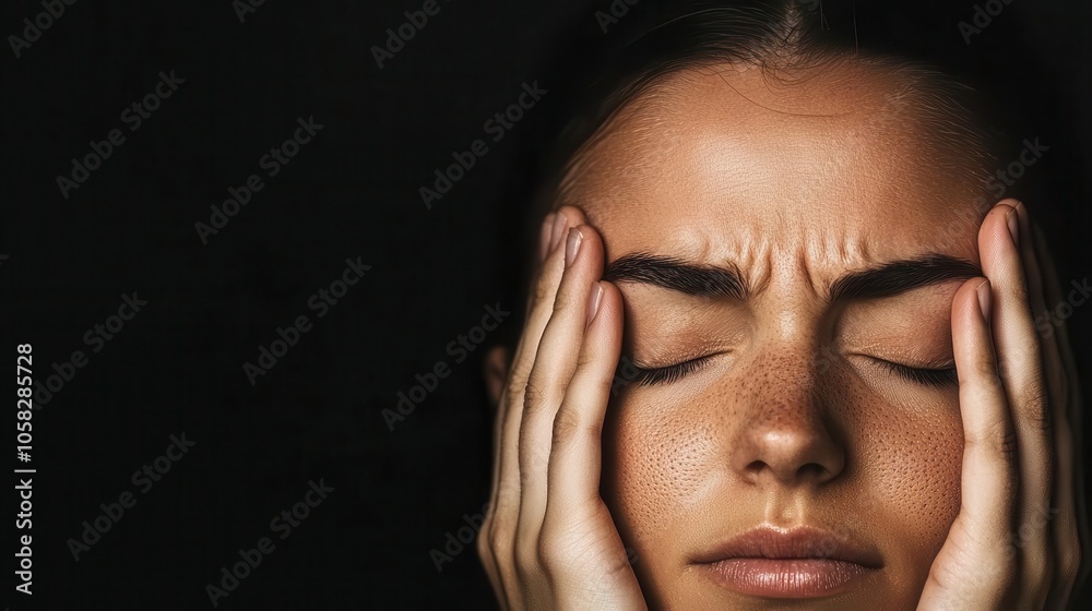 Fingers applying pressure to forehead, deep shadows, headache pain, tension relief concept Fingers applying pressure to forehead, deep shadows, headache pain, tension relief concept