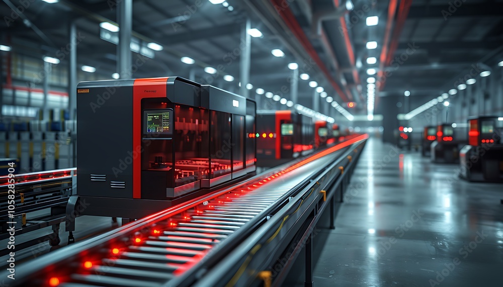 Obraz premium A high-tech warehouse scene featuring a conveyor belt with glowing red lights and modern machinery in an industrial setting.