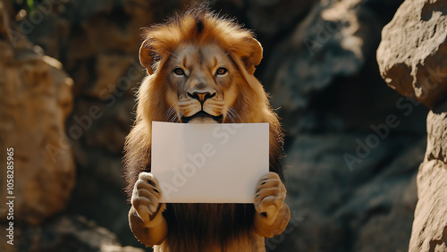 A male lion holding a white piece of paper and holding it up in front of body. Can write any character or symbol. Smile, anger, serious expression. photo