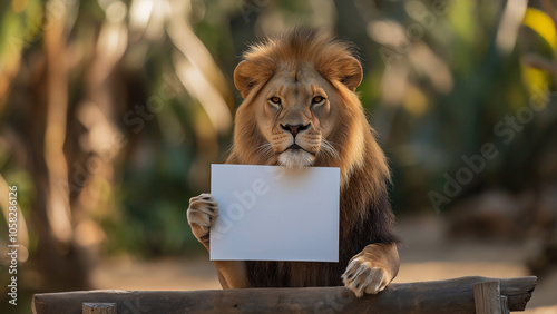 A male lion holding a white piece of paper and holding it up in front of body. Can write any character or symbol. Smile, anger, serious expression. photo