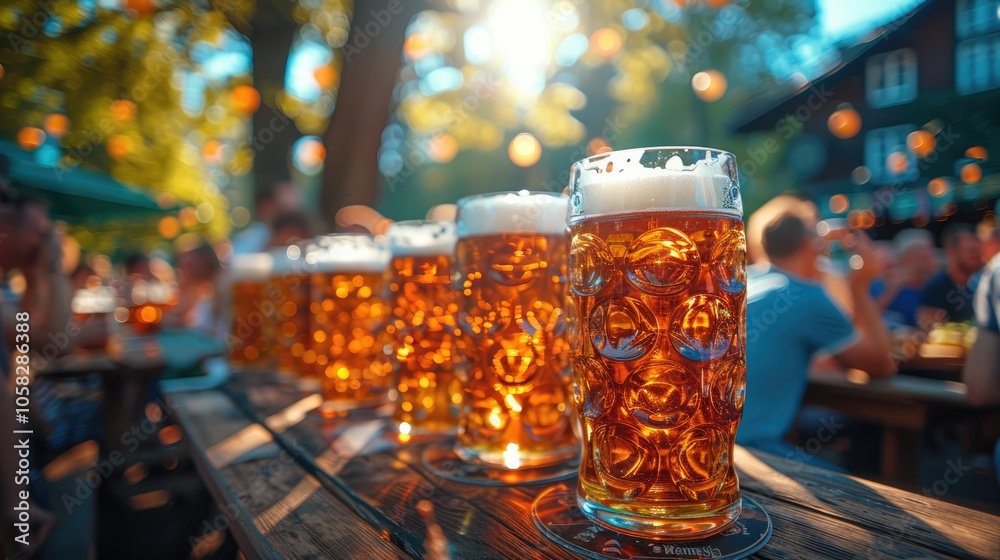 Many large glasses of beer is placed on the table at an outdoor bar Many large glasses of beer is placed on the table at an outdoor bar