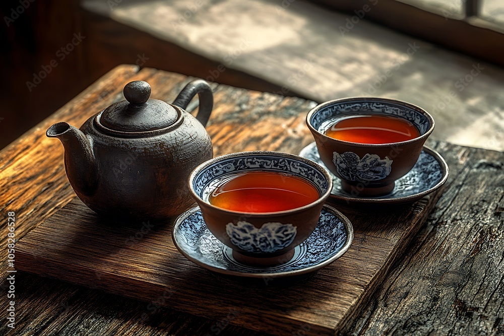Two cups of hot tea and teapot on wooden tray, creating cozy atmosphere Two cups of hot tea and teapot on wooden tray, creating cozy atmosphere