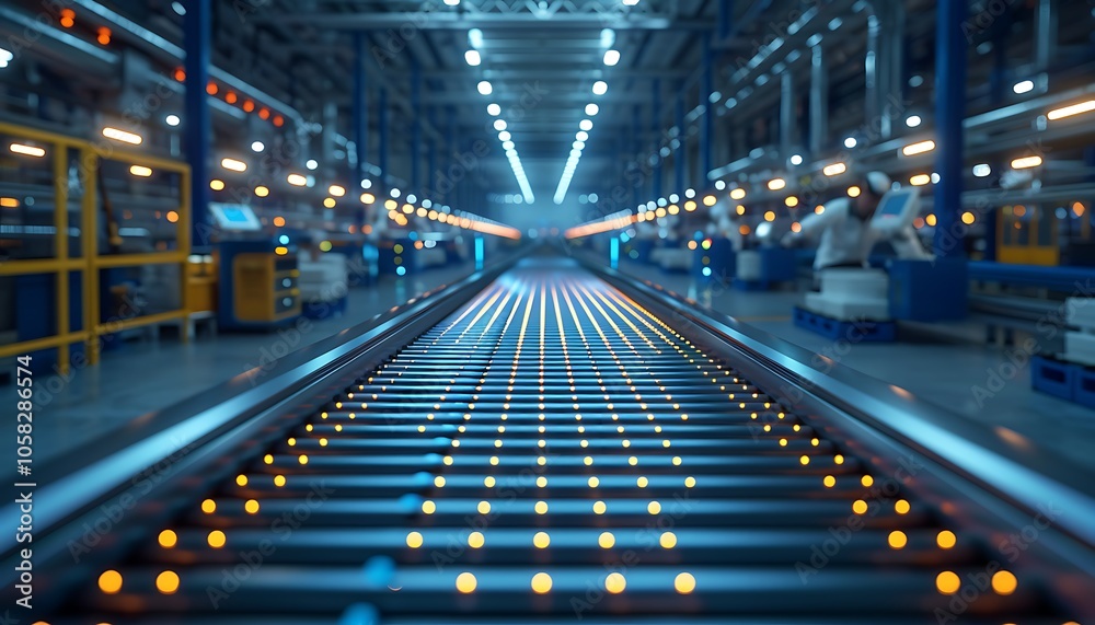 A brightly lit industrial space with glowing conveyor belts and a perspective view showcasing a modern factory environment. A brightly lit industrial space with glowing conveyor belts and a perspective view showcasing a modern factory environment.