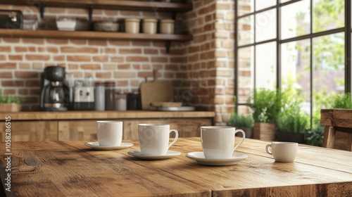 A cozy kitchen scene featuring coffee cups on a wooden table with a brick wall backdrop.