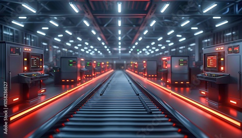 A modern industrial interior featuring illuminated tracks and advanced machinery, creating a futuristic atmosphere.