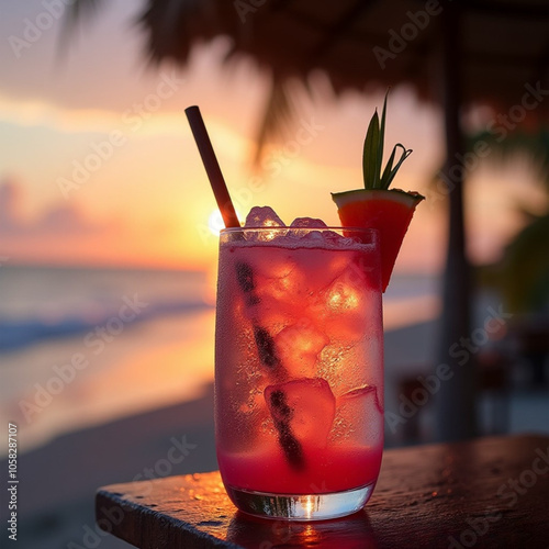 Vaso de refresco con un trozo de sandía de adorno sobre una mesa en una playa con un atardecer