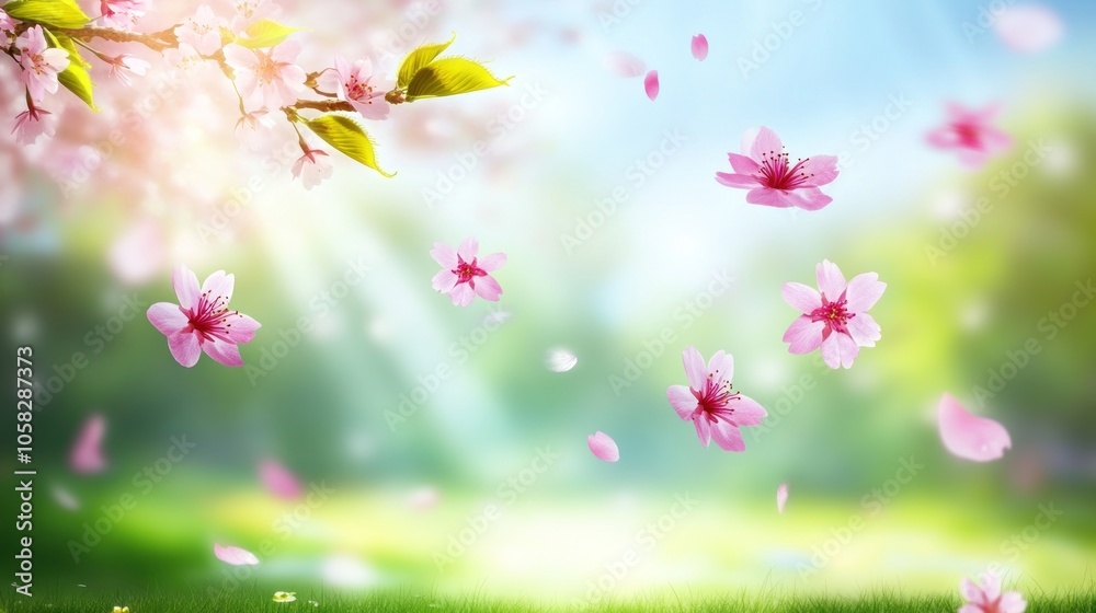 Fototapeta premium A serene landscape with cherry blossoms and soft sunlight filtering through the trees.