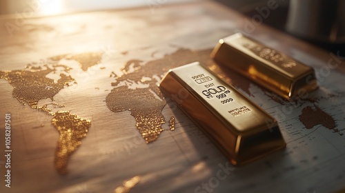 The image features gold bars resting on a map, symbolizing wealth, trade, and global connections.
