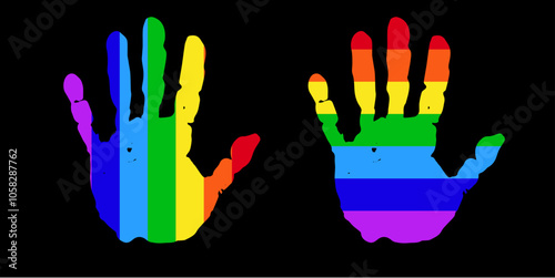 editable rainbow human handprint, human palm hand stamp pride months vector illustration 