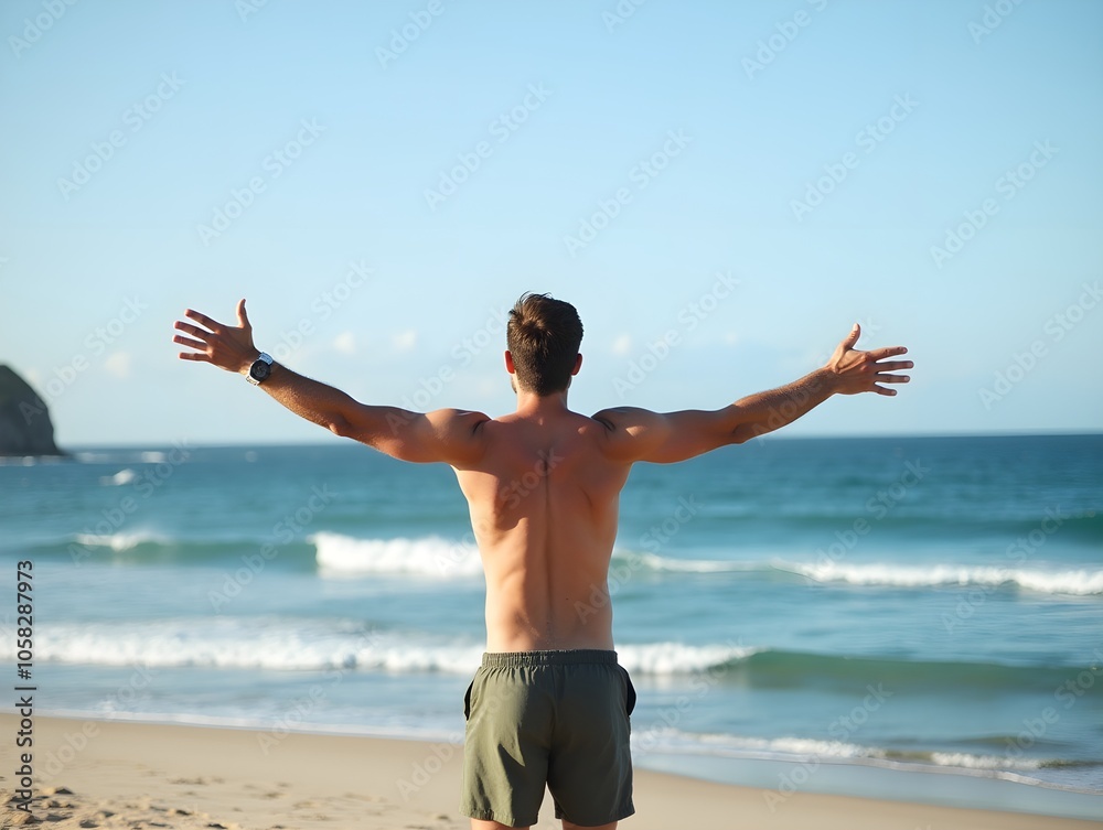 Carefree man with arms outstretched standing near sea at tenerife island Carefree man with arms outstretched standing near sea at tenerife island