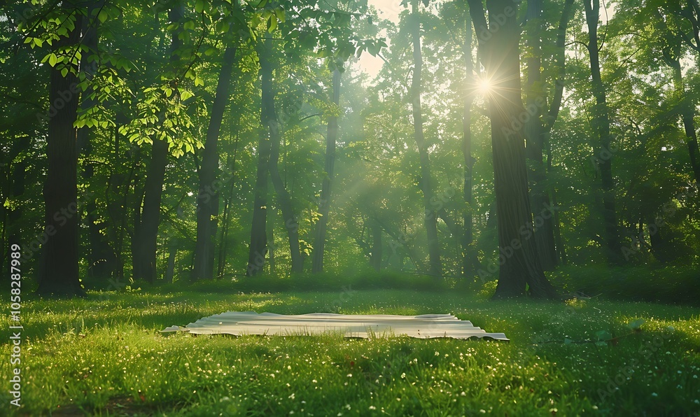 Fototapeta premium A tranquil forest scene featuring sunlight filtering through lush green trees, illuminating a grassy area, creating a serene and peaceful atmosphere.