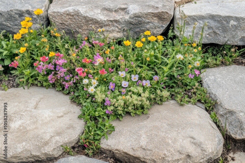 A vibrant flower garden nestled among large stones, showcasing colorful blooms and greenery. A vibrant flower garden nestled among large stones, showcasing colorful blooms and greenery.