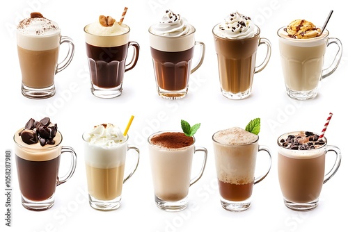 Wallpaper Mural Ten coffee drinks in glass mugs, showing different variations of coffee preparation, isolated on white background Torontodigital.ca