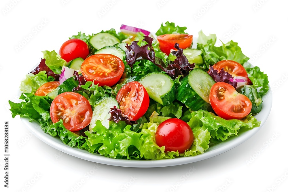 Healthy vegetable salad with fresh lettuce, tomatoes, cucumber, and red onion, perfect for a light meal Healthy vegetable salad with fresh lettuce, tomatoes, cucumber, and red onion, perfect for a light meal