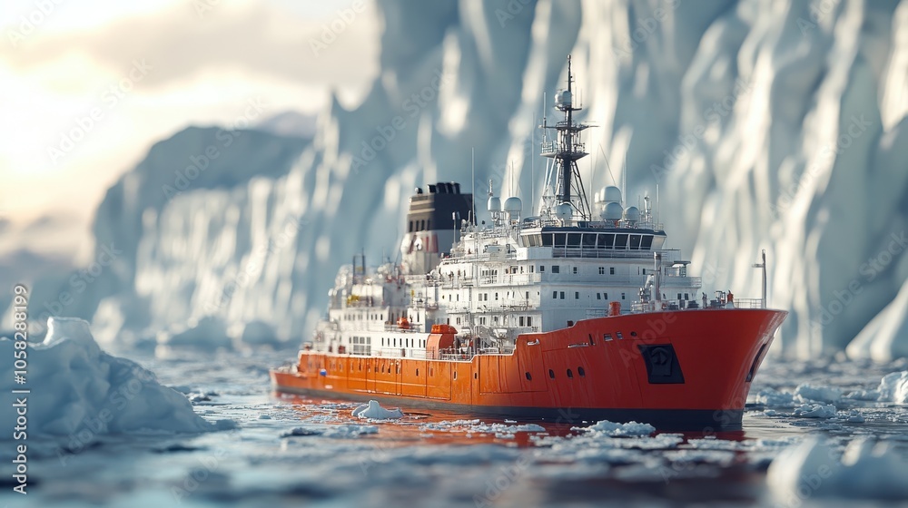 Fototapeta premium A Close up View of a Polar Research Vessel Studying the Antarctic Ice Landscape
