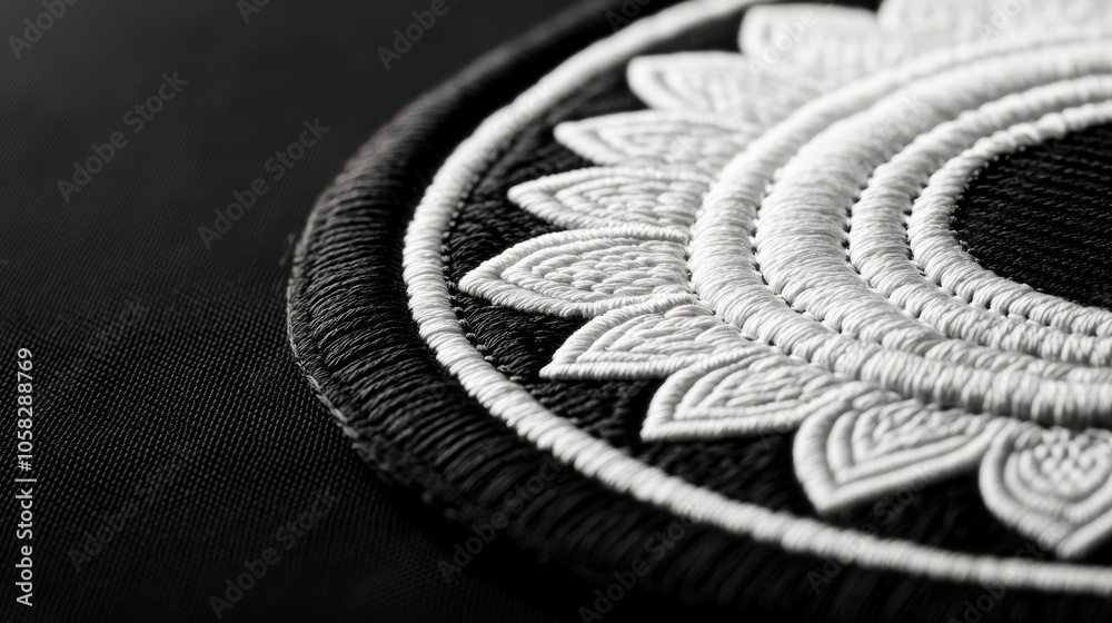 Intricate black and white embroidered design on a dark background, showcasing detailed stitching and patterns. Intricate black and white embroidered design on a dark background, showcasing detailed stitching and patterns.