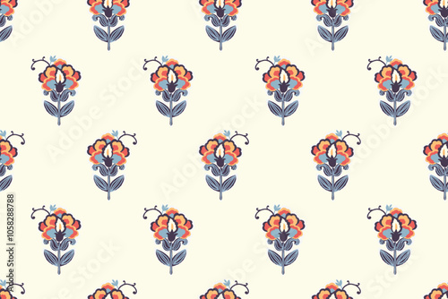 floral ethnic ikat seamless pattern traditional design for background, carpet, wallpaper, clothing, wrapping, fabric, vector illustration, embroidery style, Ajrakh, block print, batik print allovers