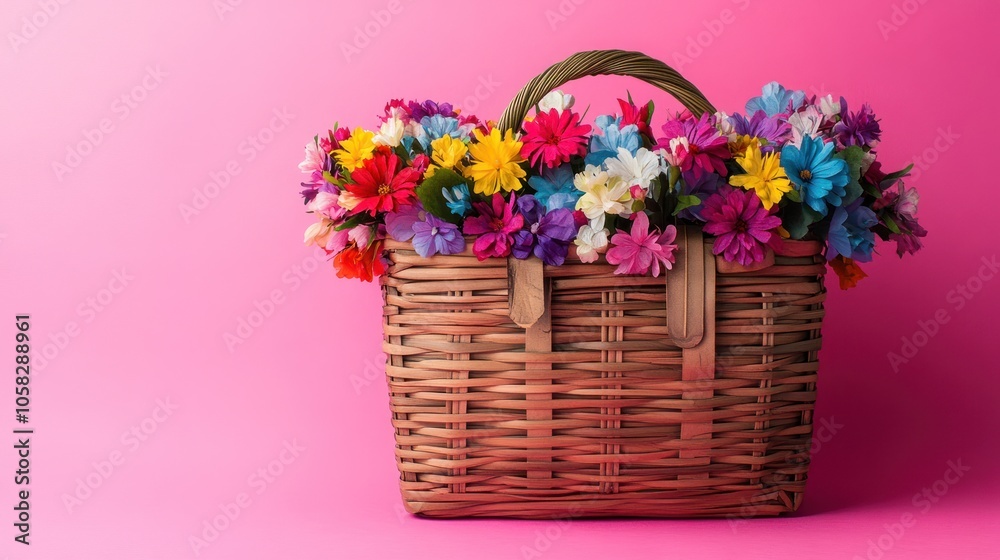 A woven basket filled with colorful artificial flowers against a pink background. A woven basket filled with colorful artificial flowers against a pink background.