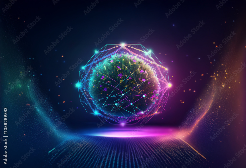 Obraz premium A glowing sphere of light, surrounded by a network of interconnected points, sits on a platform of light in a dark space.