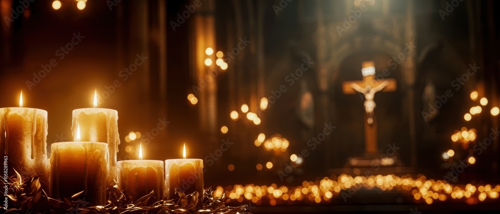 A serene view of lit candles in a darkened church, symbolizing peace and reflection. A serene view of lit candles in a darkened church, symbolizing peace and reflection.