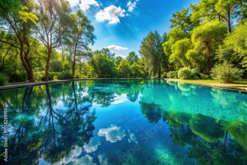 A small pool of cyan liquid reflecting the blue sky on a sunny day with surrounding trees and foliage, peaceful landscape, tree branches, cyan pool, outdoor scene