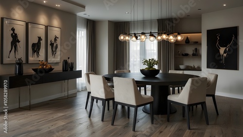 Modern dining room with sufficient space and a minimalistic design. Pictures on websites