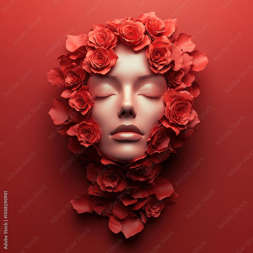 Woman’s Face Framed with Red Roses on Red Background	