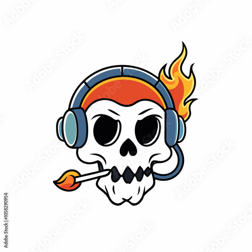 Burning Skull with Fire and Cigarettes Vector Illustration