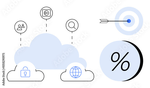Cloud surrounded by internet icon, security lock, users, media play button, search, target with arrow, and percentage. Ideal for digital security, data management, cloud storage, online analytics