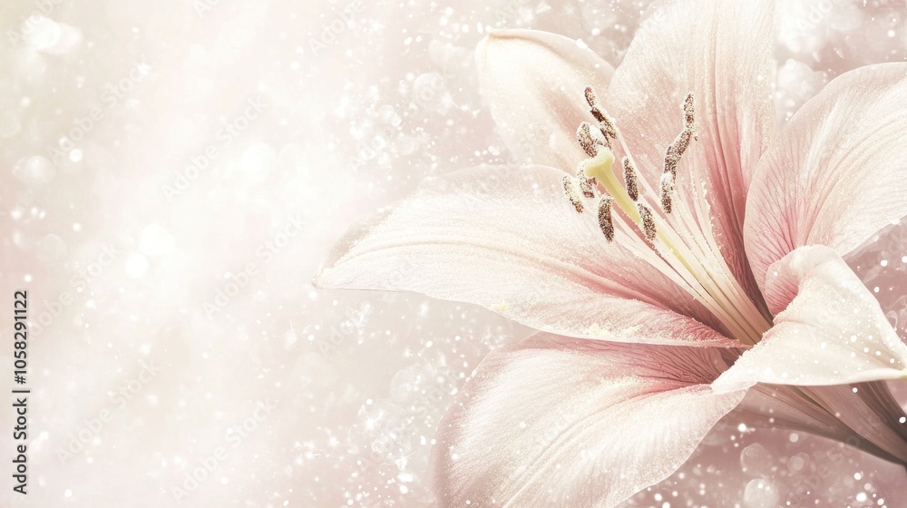 A delicate pink lily flower against a soft, dreamy background with sparkling elements. A delicate pink lily flower against a soft, dreamy background with sparkling elements.