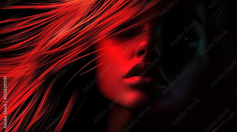 Woman’s Face Partially Covered by Flowing Red Hair	