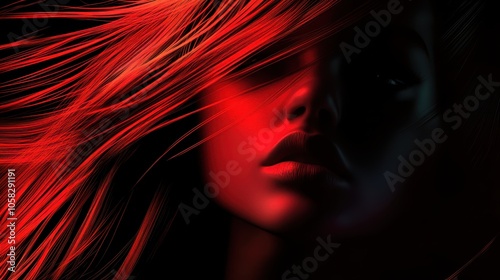 Woman’s Face Partially Covered by Flowing Red Hair 